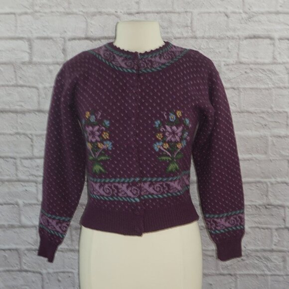 Vintage 80s Hand Embroidered Floral Fair Isle Intarsia Cardigan Wool Sweater - Picture 1 of 8